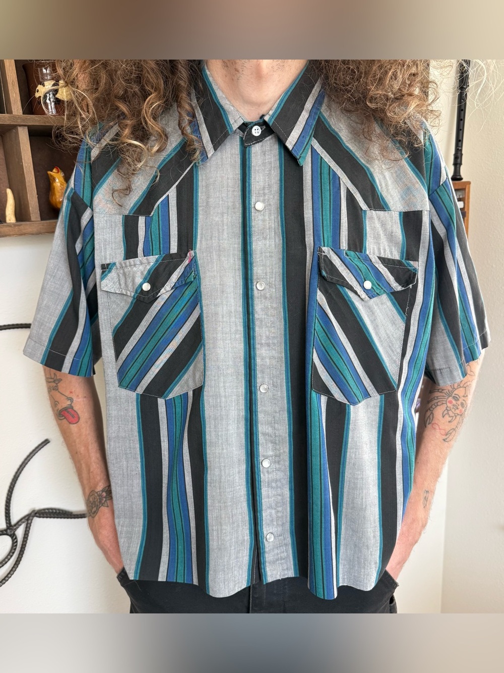 Vintage 80s 90s Striped Pearl Snap SS Western Work Shirt ~ Size XL